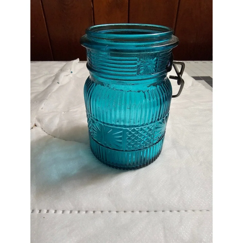 Blue Glass‎ Jar Decorative Embossed Design Kitchen Storage Container